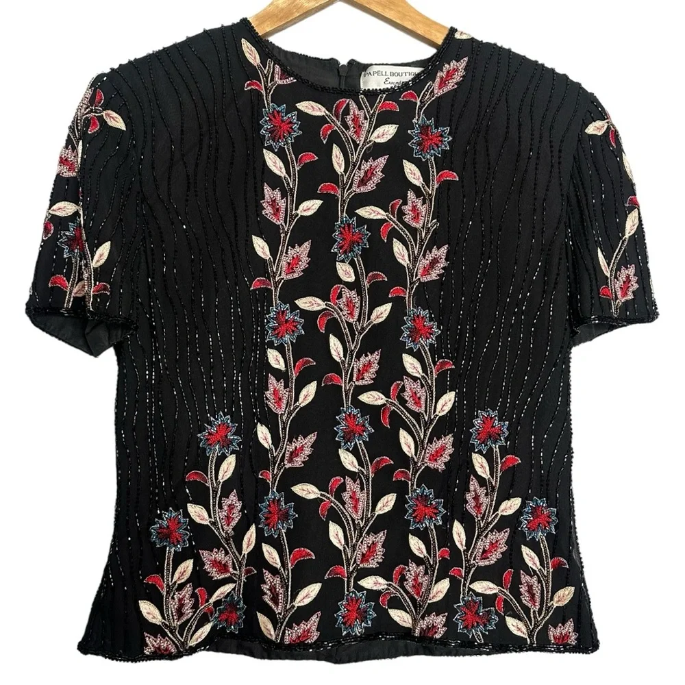 Vintage Adrianna Papell Silk Embroidered Beaded Floral Blouse Top
